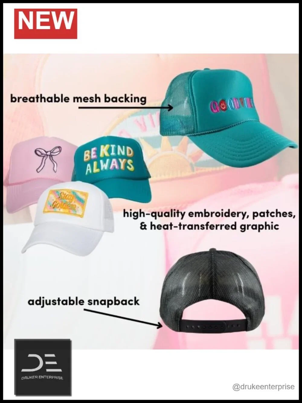 Embroidered Foam Trucker Hat - Adjustable Snapback Mesh Back - One Size Fits